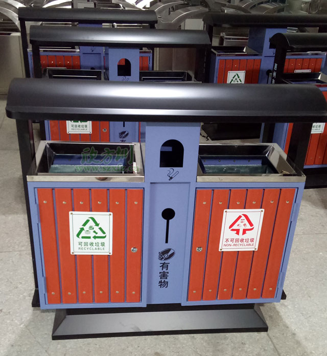 戶外鋼木分類(lèi)垃圾桶便于惠州植物園垃圾投放
